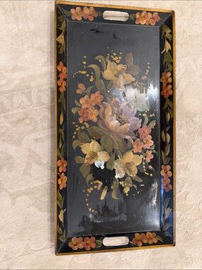 Pilgrim Art Painted Tole Tray Toleware
Flowers Black Metal Rectangular